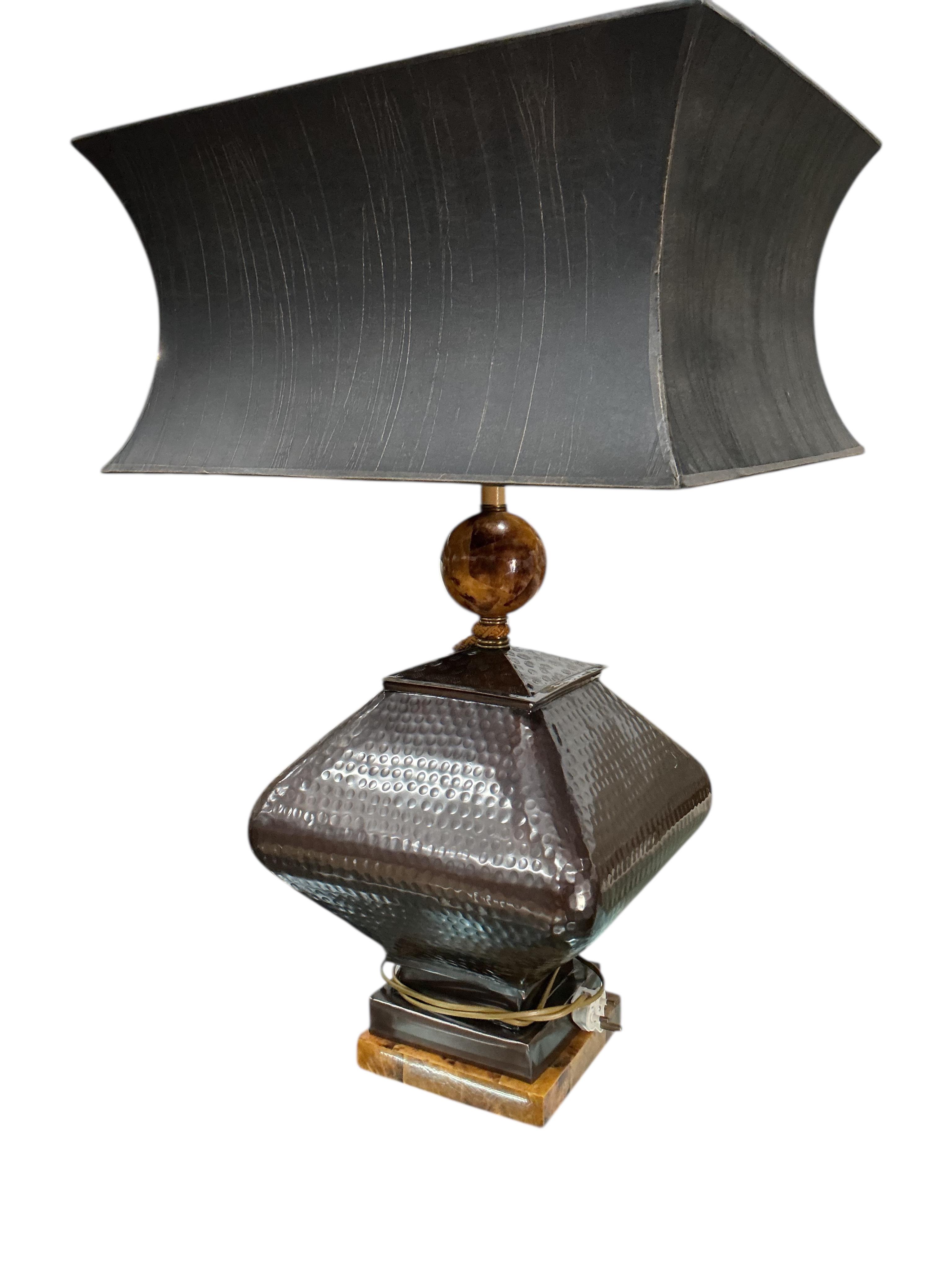 A pair of Contemporary hammered metal, faux marble table lamps with rectangular concave shades, height 86cm